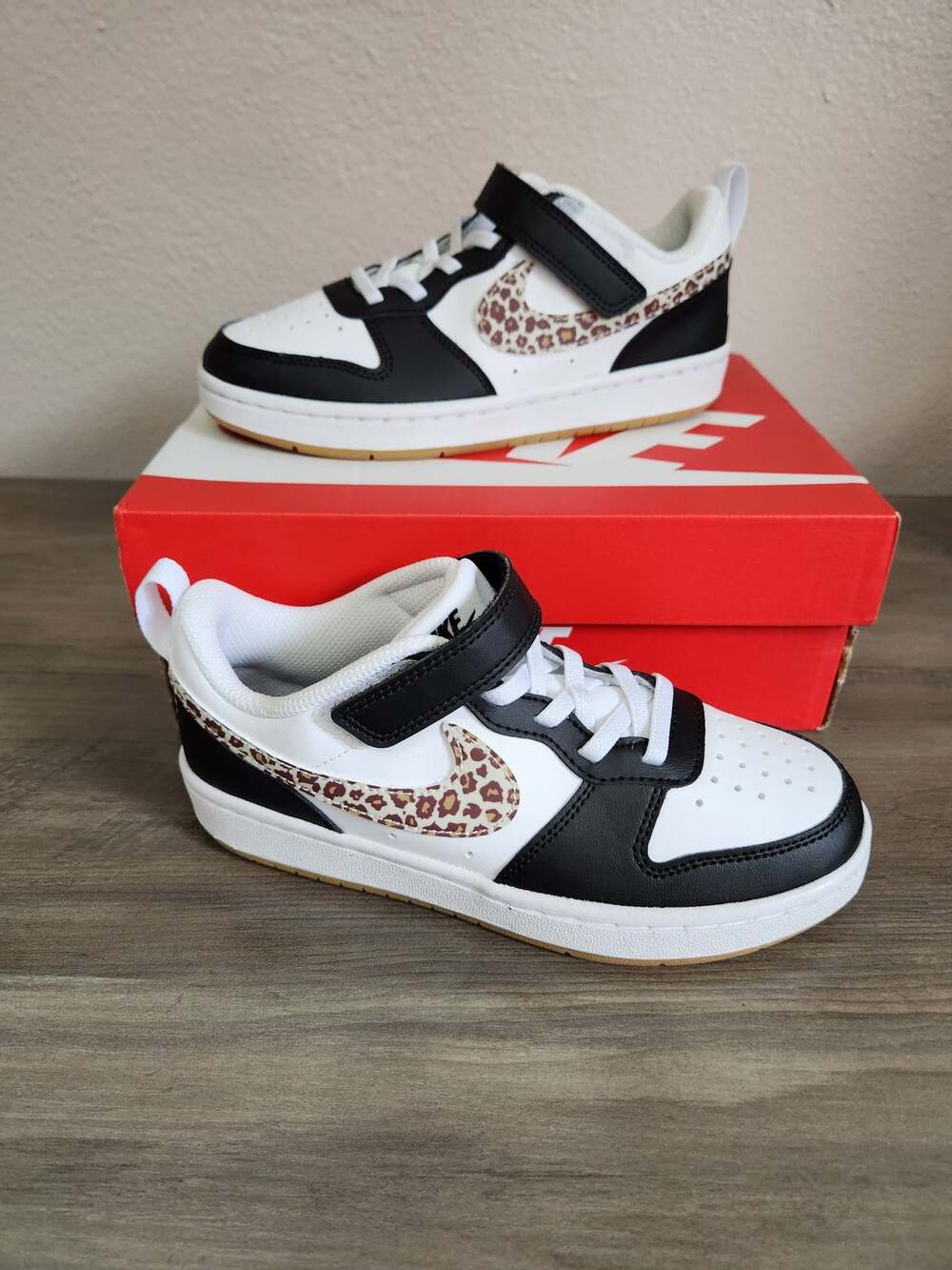 NIB Nike Court Borough Low Recraft Girls 1Y Black White Leopard Swoosh Premium